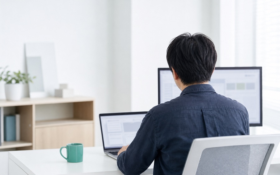 白いデスクでノートPCと外部モニターに向かって開発作業をするエンジニアの後ろ姿（イメージ）