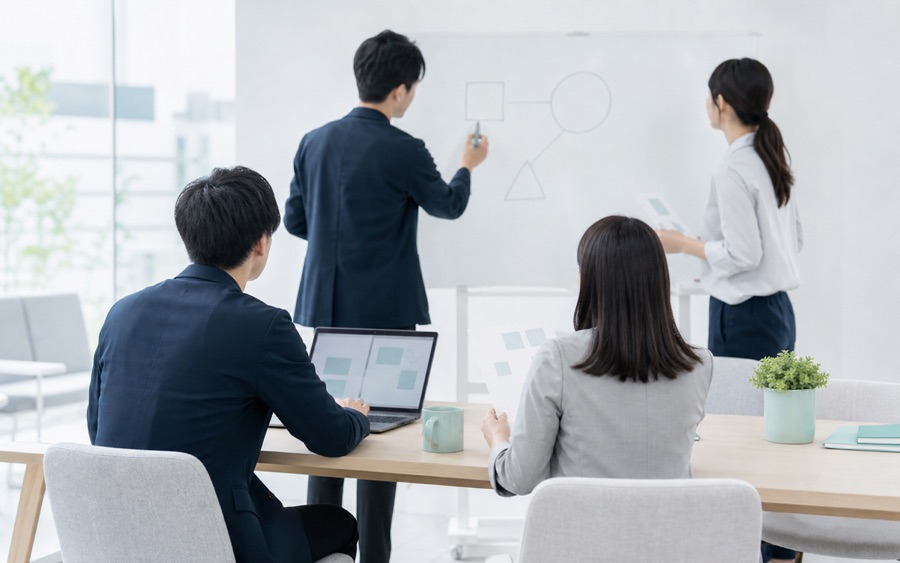 ホワイトボードの前でチームが協働している様子（イメージ）